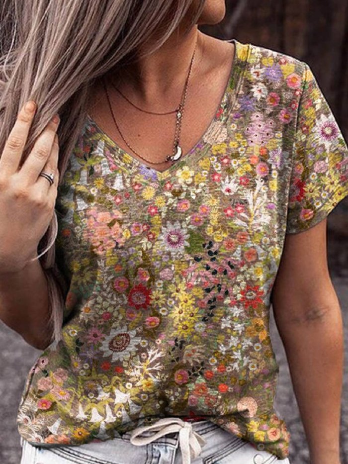 Casual Floral-Print Short Sleeve Shirts & Tops