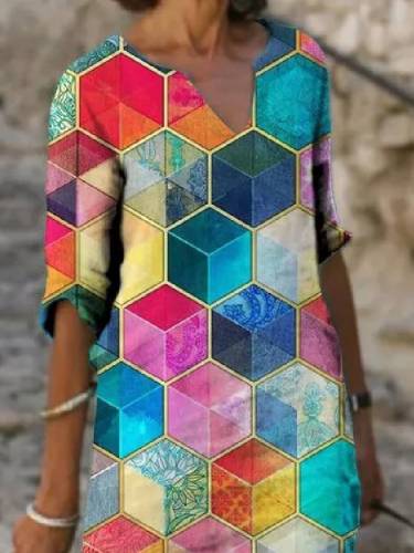Short Sleeve V Neck Geometric Cotton-Blend Dresses