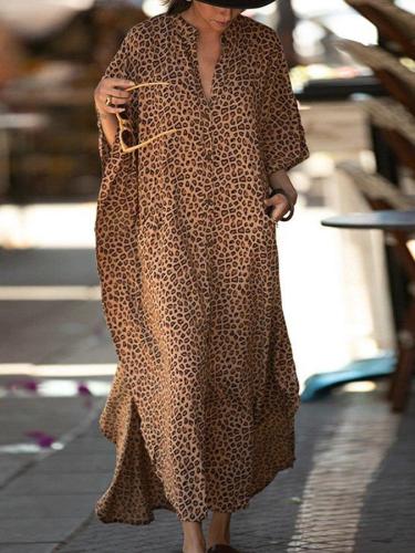 V Neck Leopard Print Boho Shift Dresses