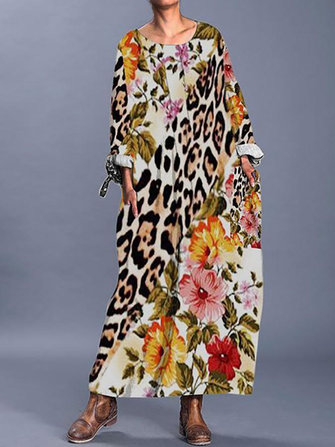 Brown Floral-Print Long Sleeve Shift Vintage Dresses