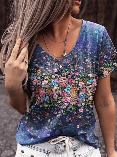 Floral V Neck Floral-Print Casual Shirts & Tops