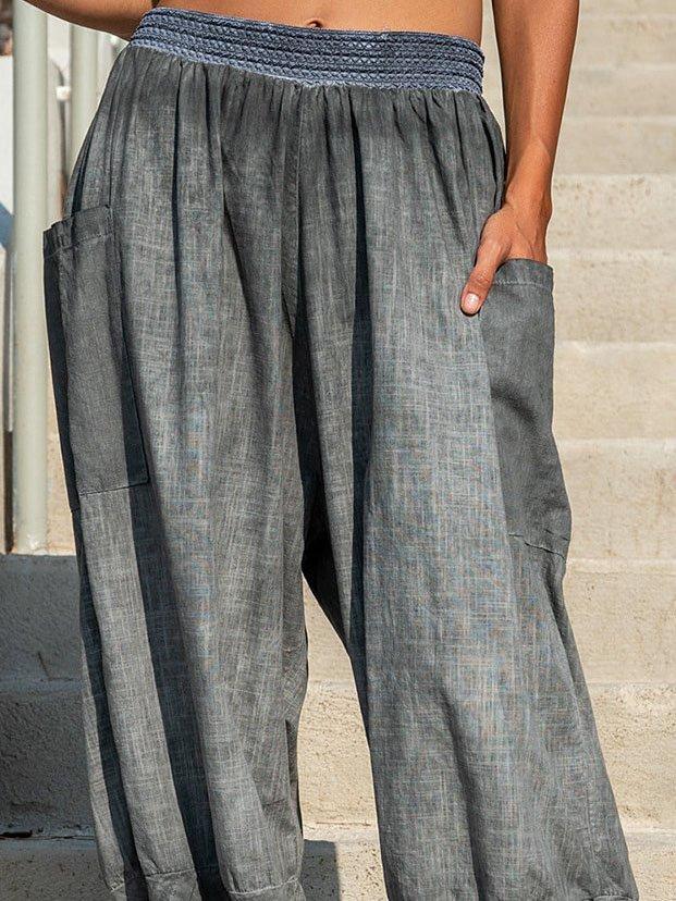 Gray Pockets Casual Cotton-Blend Pants