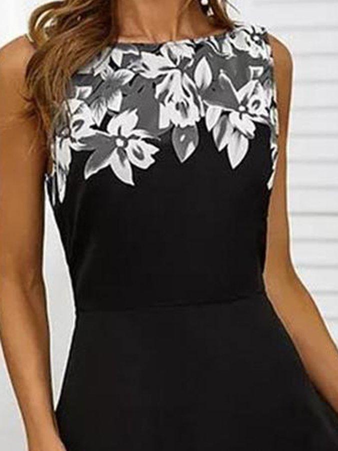 Black Floral-Print Floral Sleeveless Dresses