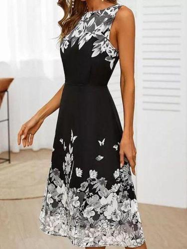 Black Floral-Print Floral Sleeveless Dresses