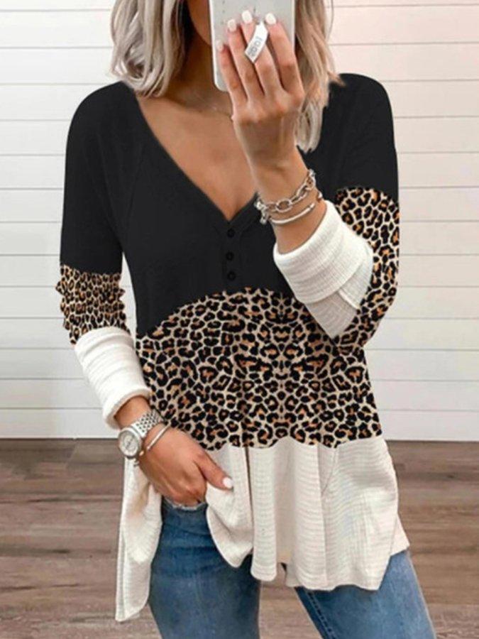 Long Sleeve Paneled Leopard Shirts & Tops