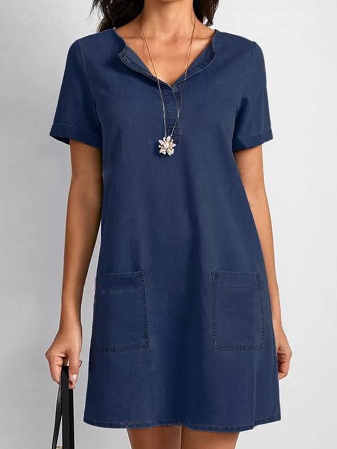 Blue Denim Short Sleeve Casual Pockets Solid Dresses