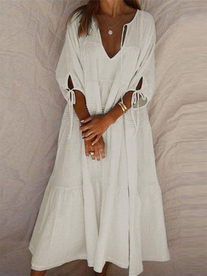 Half Sleeve V Neck Linen Slit Dress