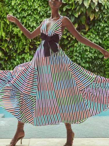 Fashion Stripe print V neck Sleeveless Skater Dresses