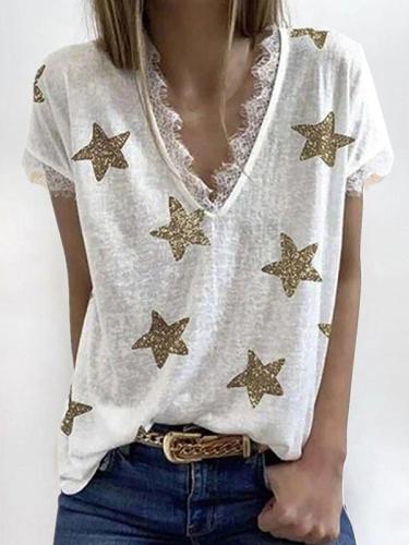 Summer V-neck printed lace T-shirts women star printed top