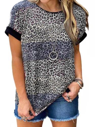 Leopard print round neck short sleeve T-shirts women top