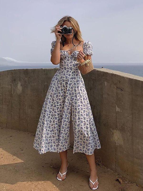 Fashion puff sleeve floral lace high slit Iong dress vacation dresses