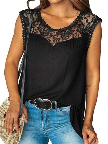 Casual Pure Lace Round neck Sleeveless T-Shirts