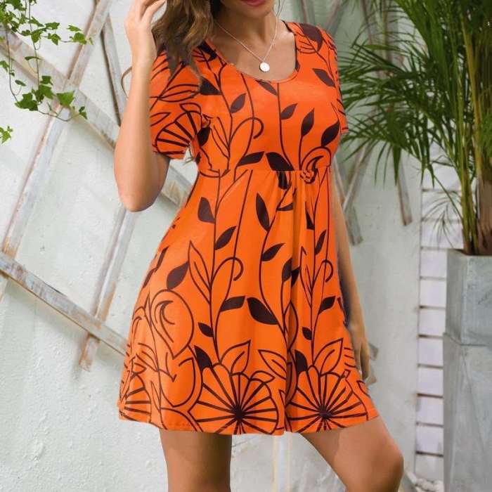 Casual Floral print Round neck Short sleeve Shift Dresses