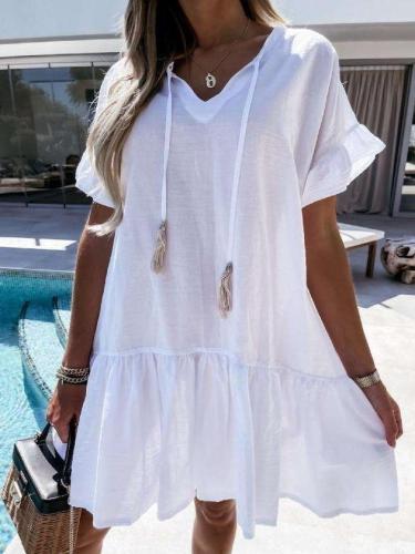 Casual Loose Pure V neck Short sleeve Gored Shift Dresses