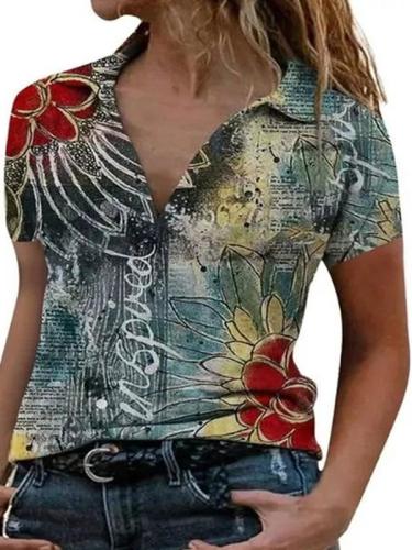 Summer Casual Printed lapel short sleeve loose shirt turn down neck blouse
