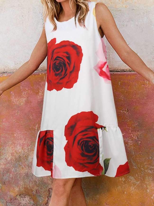 Casual Loose Floral print Round neck Sleeveless Shift Dresses