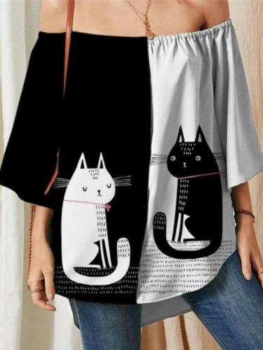 Casual Loose Gored Cat print One shoulder Three quarter sleeve T-Shirts