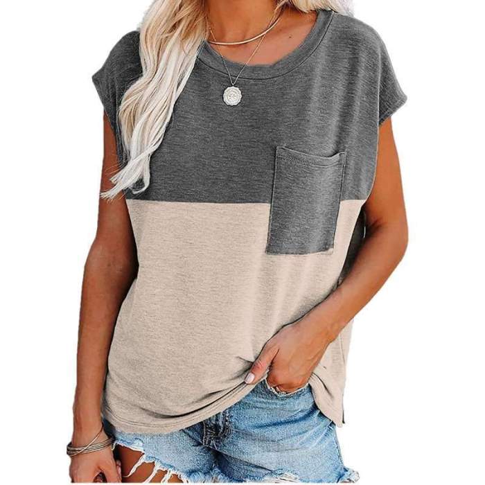 Casual Loose Gored Pocket Round neck Short sleeve T-Shirts