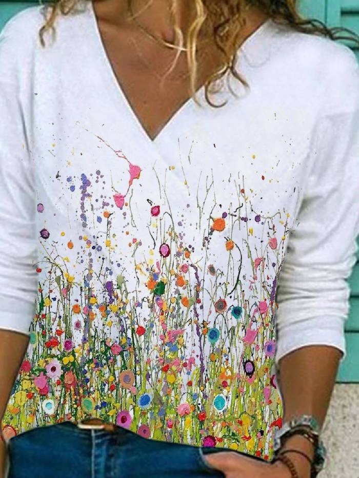 Casual Floral Floral-Print Long Sleeve Shirts & Tops