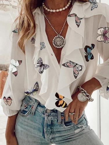 Stylish top v neck printed long sleeve chiffon blouses