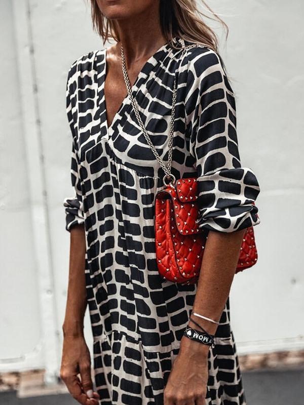 V neck long sleeve lepard printed women long maxi dresses