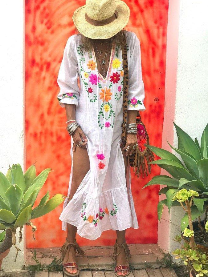 Casual loose floral print long-sleeved cotton and linen dress
