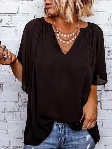 Casual Solid V Neck Short Sleeve Tops