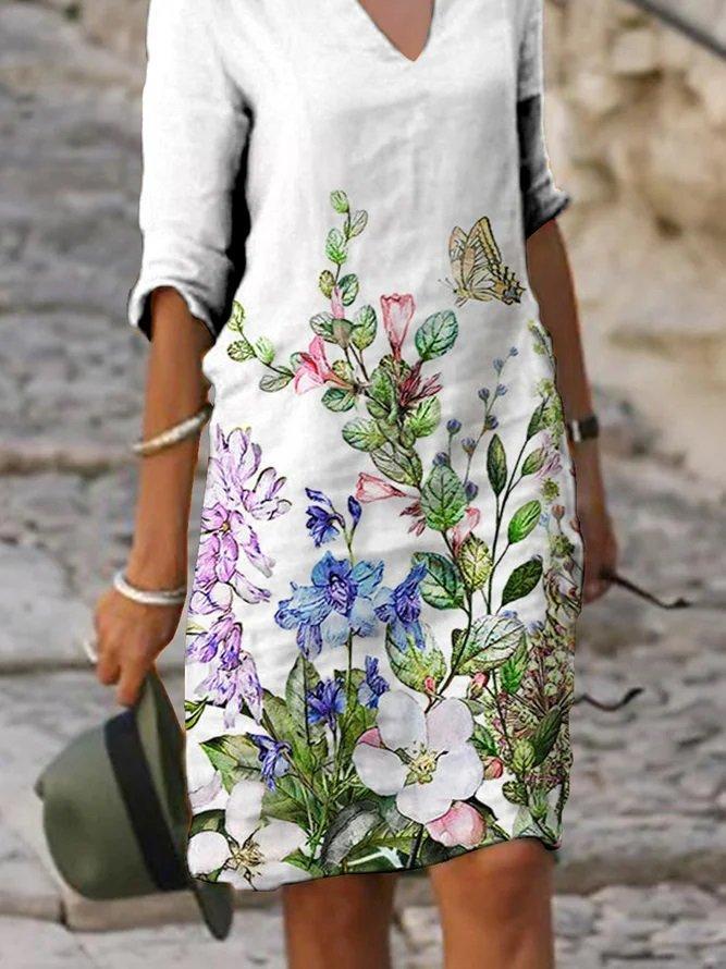 White Half Sleeve Casual Floral Dresses