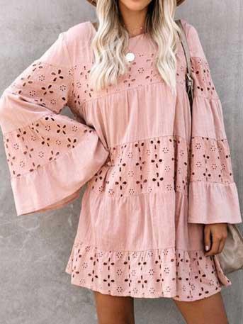 Lace hollow round neck flared sleeve long sleeve dress