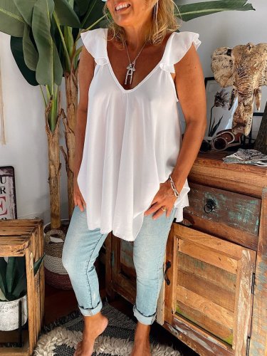 White V Neck Solid Shift Casual Shirts & Tops