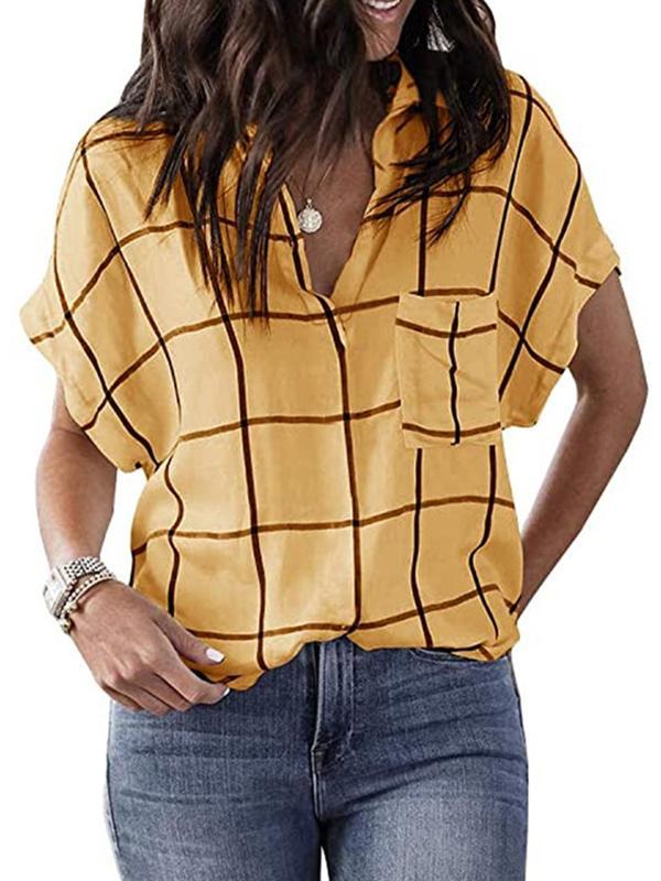 Casual grid pocket short sleeve turn down neck Blouses