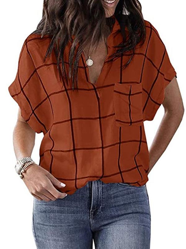 Casual grid pocket short sleeve turn down neck Blouses