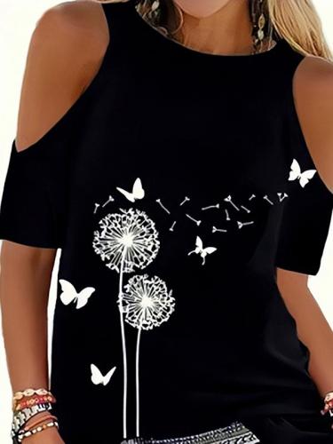 Off shoulder women round neck printed butterfly T-shirts