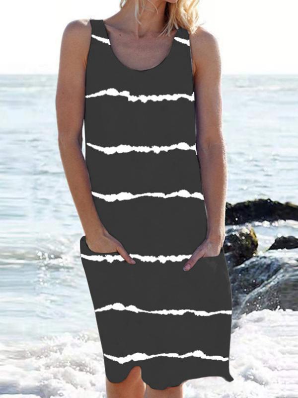 Round neck Stripe printed women sleeveless vacation dresses