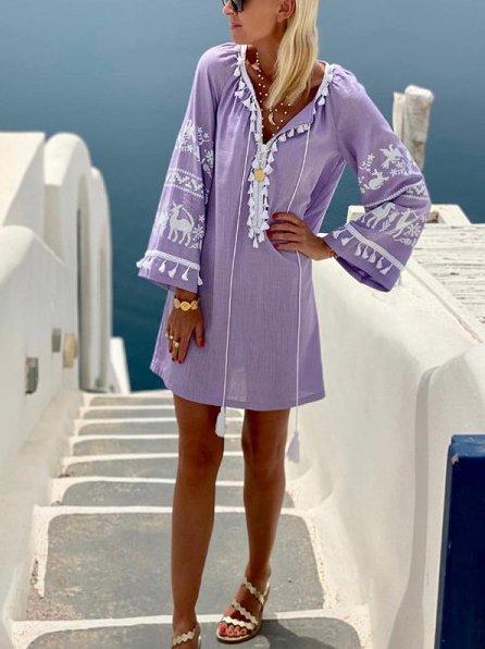 Purple Tribal Cotton-Blend Shift Long Sleeve Dresses