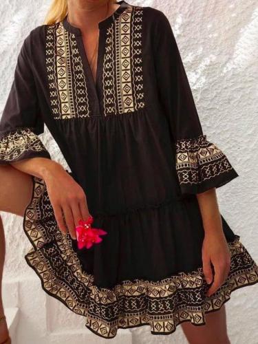 Black Cotton-Blend A-Line 3/4 Sleeve Dresses