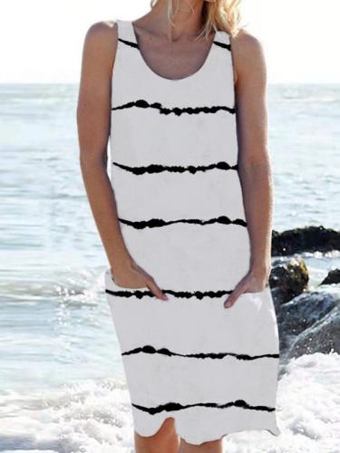 Round neck Stripe printed women sleeveless vacation dresses