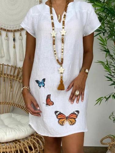 Loose short-sleeved V-neck cotton and linen butterfly print dress