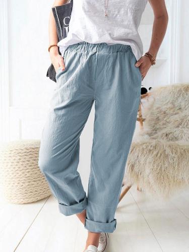 Pure color casual elastic high-waist straight-leg trousers long pants