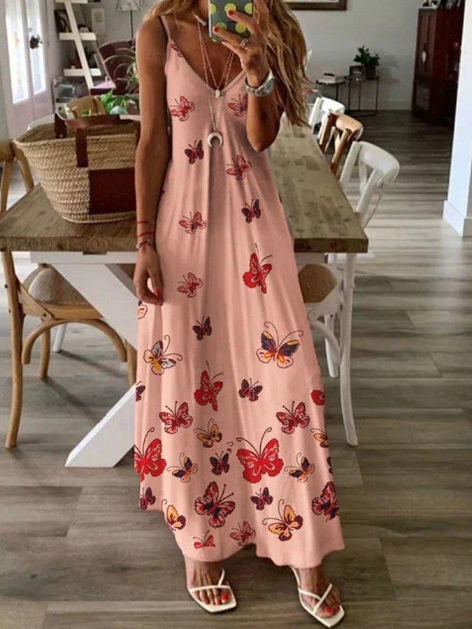 Casual Spaghetti-Strap A-Line Butterfly Printed Dresses