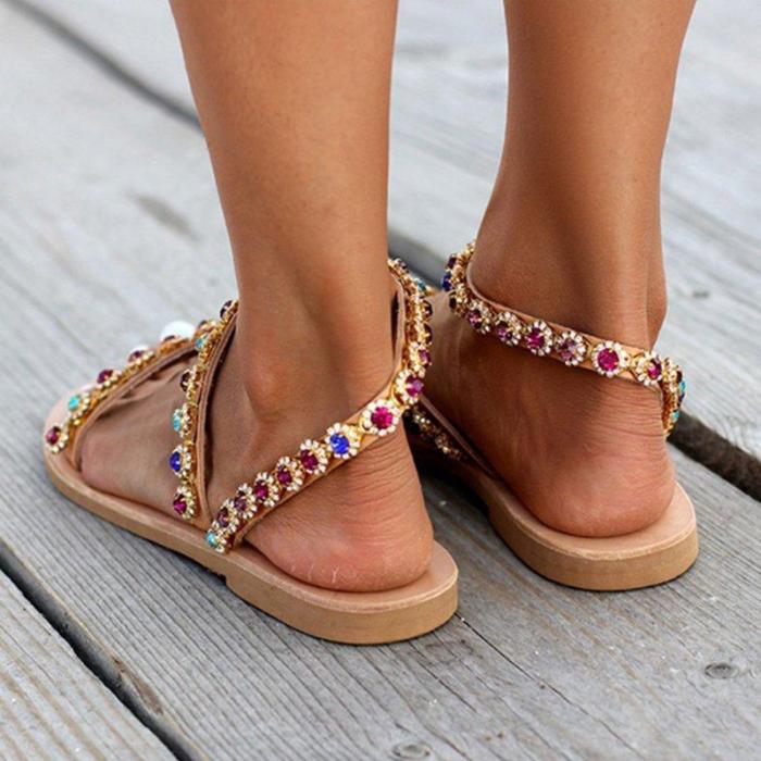 Women Boho Daily Rhinestone Summer Flat Heel Sandals