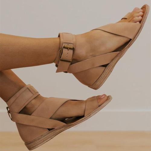 Women Toe Ring Flat Heel PU Gladiator Sandals
