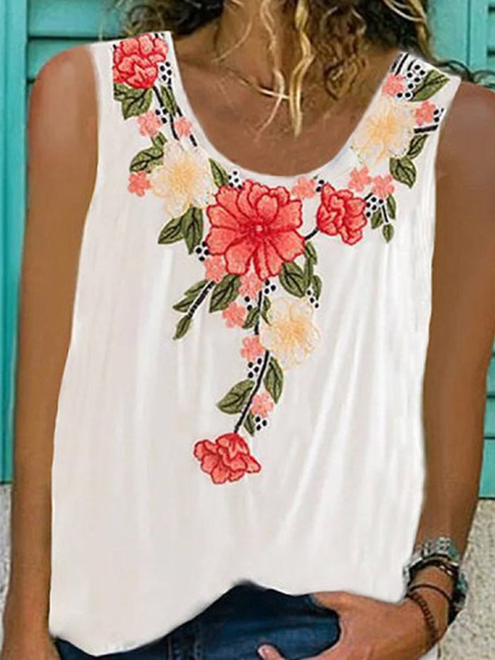 Printed Sleeveless Round Neck Casual Shirts & Tops