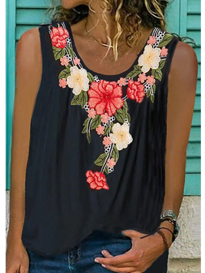 Printed Sleeveless Round Neck Casual Shirts & Tops