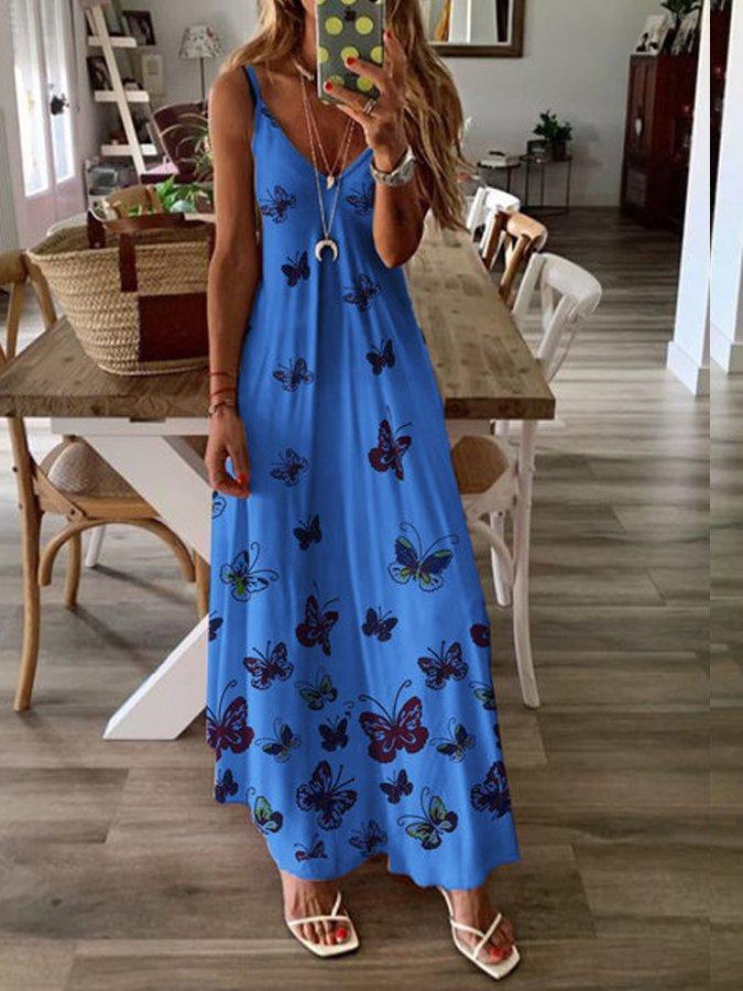 Casual Spaghetti-Strap A-Line Butterfly Printed Dresses