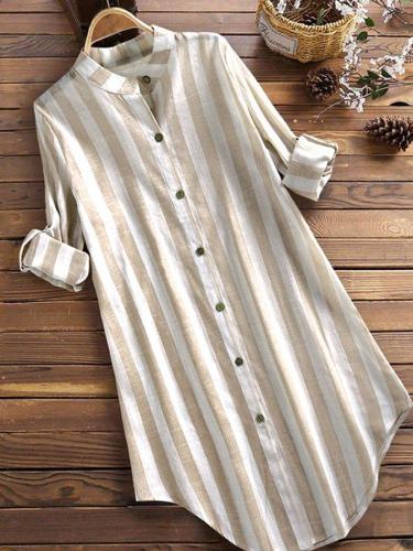 Stand-Up Collar Long-Sleeved Striped Leisure Vacation Cotton And Linen Dress