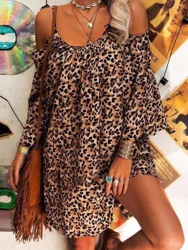 Khaki Leopard Print Casual Sleeveless Shift Dresses