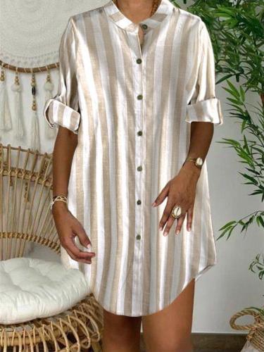 Stand-Up Collar Long-Sleeved Striped Leisure Vacation Cotton And Linen Dress