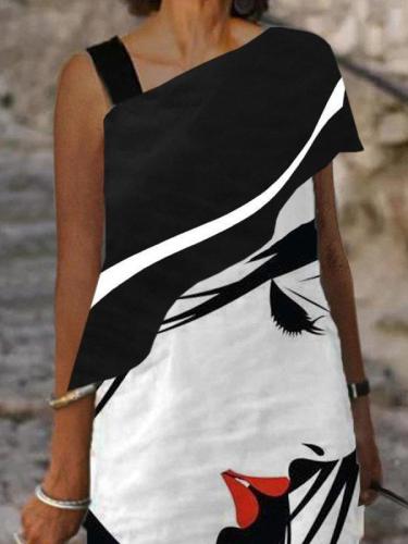 White-Black Single Sleeve Abstract Shift Dresses