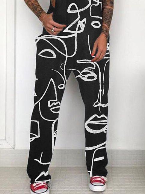 Black Printed Casual Abstract One-Pieces